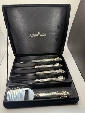 Neiman Marcus Vintage Silver-Tone Godinger Ornate Cheese Knife Set. 5 Pcs.+Case.